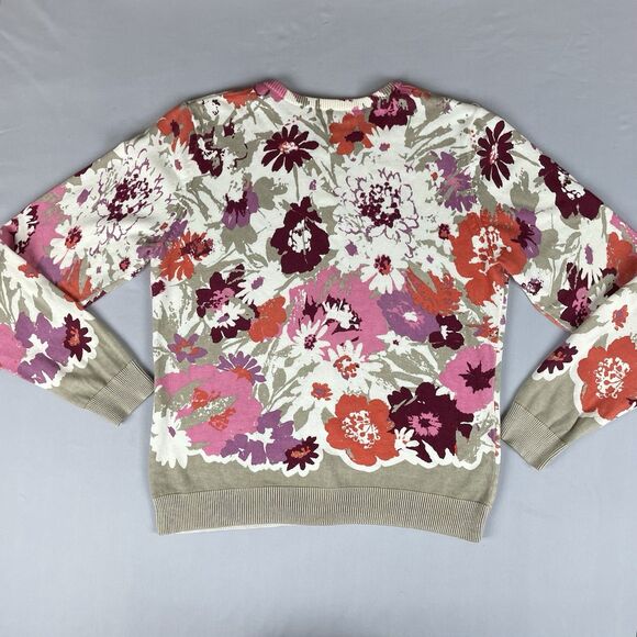 Cherokee Floral Button-Up Cardigan Med Crew Neck Purple Beige Orange Tight Knit - Picture 2 of 14